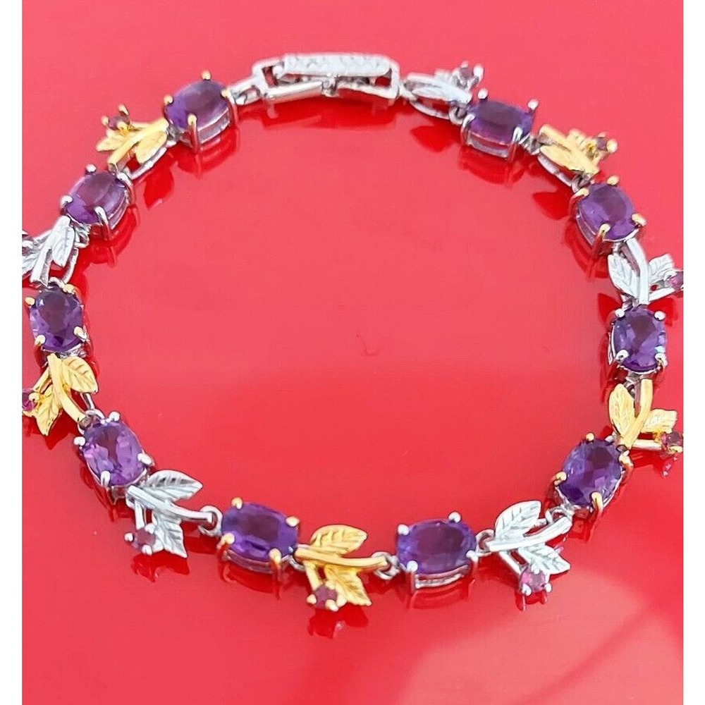 Natural Oval Amethyst 7x5mm & Rhodolite Garnet 925 Sterling Silver Bracelet 7.5"